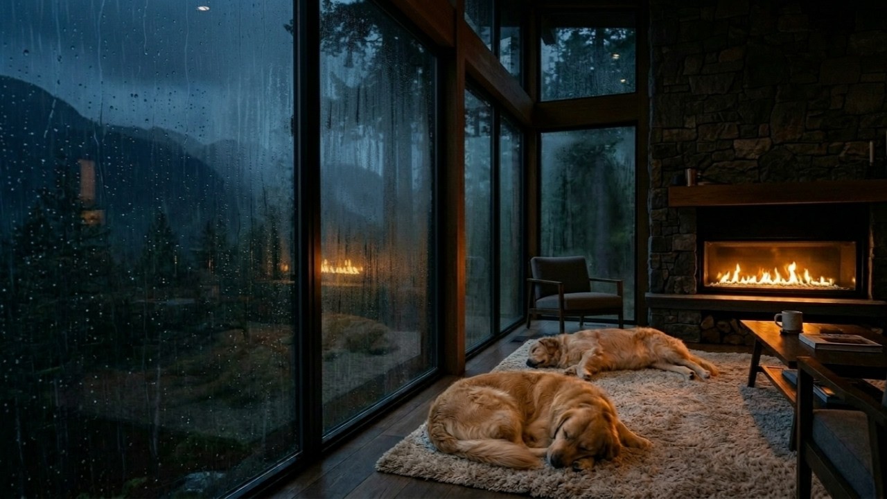 Deep Night Rain Through Panoramic Glass (3 Hours) | Cozy Fireplace & Two Sleeping Golden Retrievers
