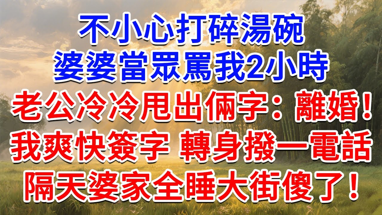 不小心打碎湯碗，婆婆當眾罵我2小時，老公冷冷甩出倆字：離婚！我爽快簽字 轉身撥一電話，隔天婆家全睡大街傻了！#為人處世 #生活經驗 #情感故事 #故事 #小說 #戀愛 #情感 #婚姻