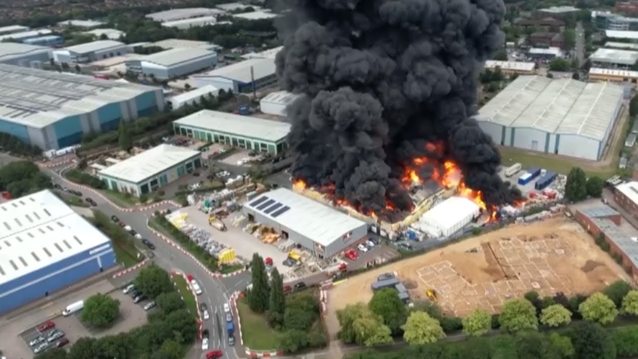 Drone Shows Huge Fire In Leamington Spa, UK