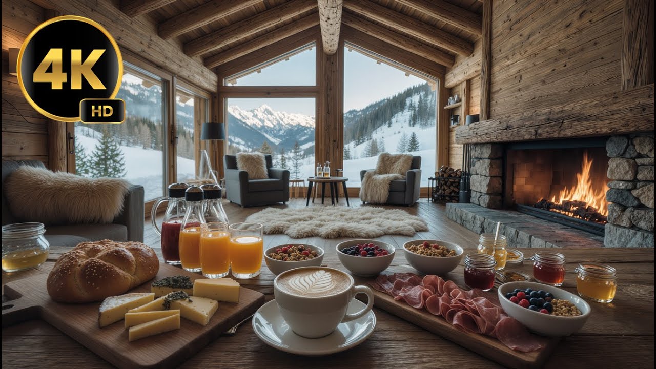 Cosy Chalet Breakfast ☕ Relaxing Morning Music & Fireplace Ambience (4K)