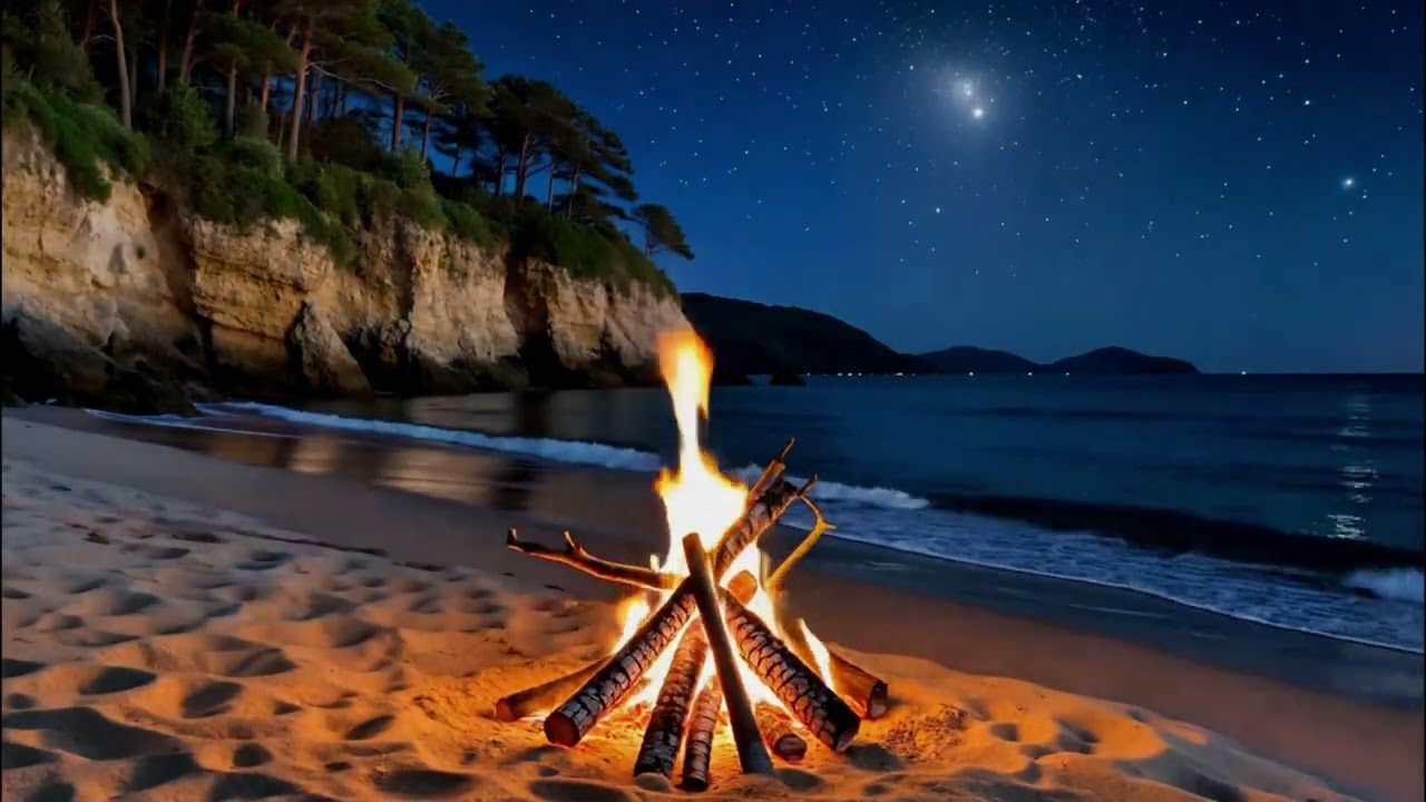 Midnight Beach Bonfire – Relaxing Ocean Waves and Crackling Fire for Deep Sleep