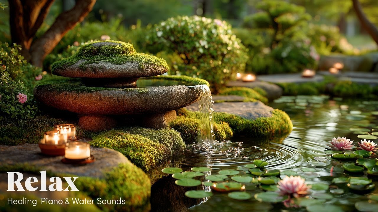 Japanese Garden Water Sounds & Peaceful Piano 🌿 Insomnia Relief & Calm Mind Music