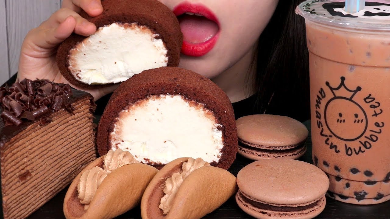MOST POPULAR FOOD FOR ASMR CHOCOLATE CREPE CAKE, MACARON, BUBBLE TEA 초콜릿 디저트 먹방 MUKBANG EATING