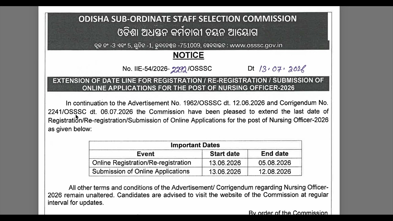 OSSSC Nursing officer exam date & Update ?