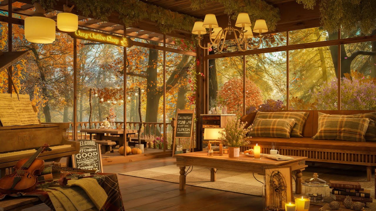 Golden Autumn Café Cabin ☕ Relaxing Jazz Piano & Cozy Coffee Shop Ambience