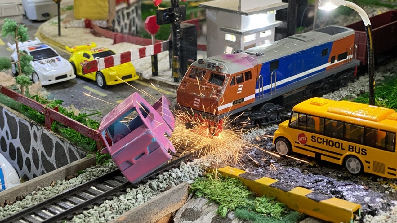 Drama Merakit Mainan Kereta Api CC203 Perumka Anjlok Tabrak PickUp Pink Mogok di Rel Palang Pintu