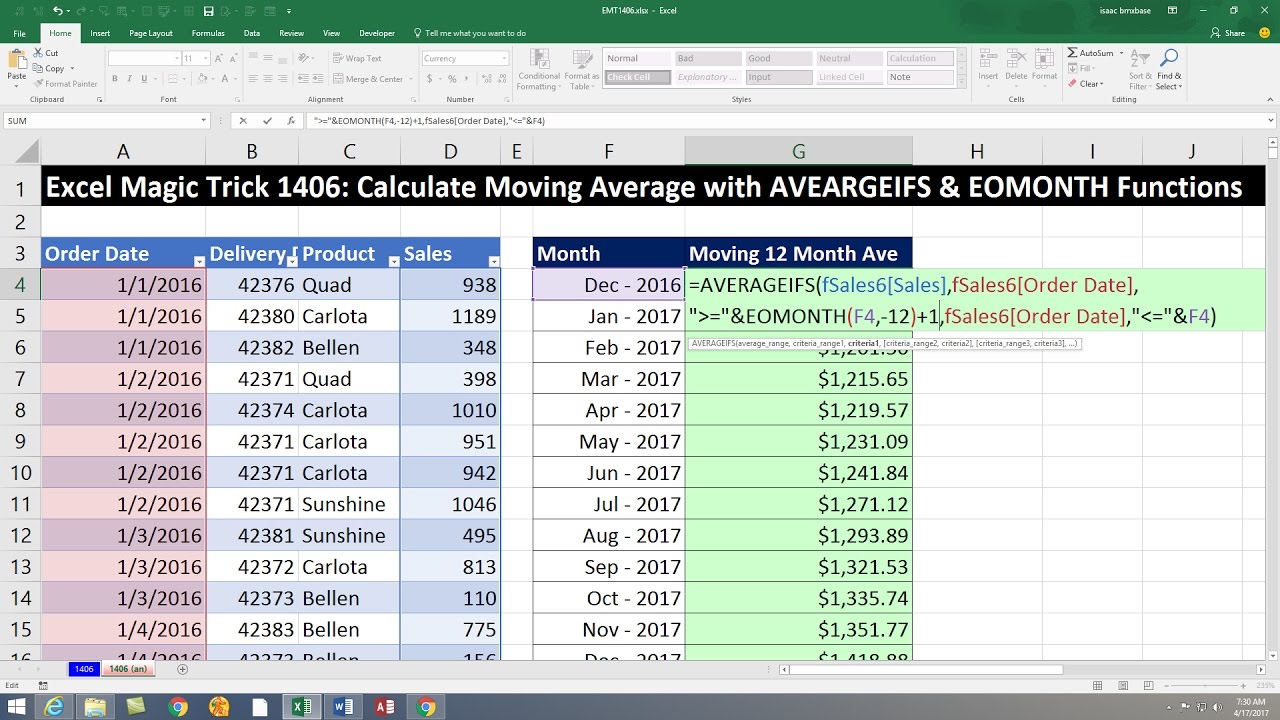 Excel Magic Trick 1406: Calculate Moving Average with AVEARGEIFS & EOMONTH Functions