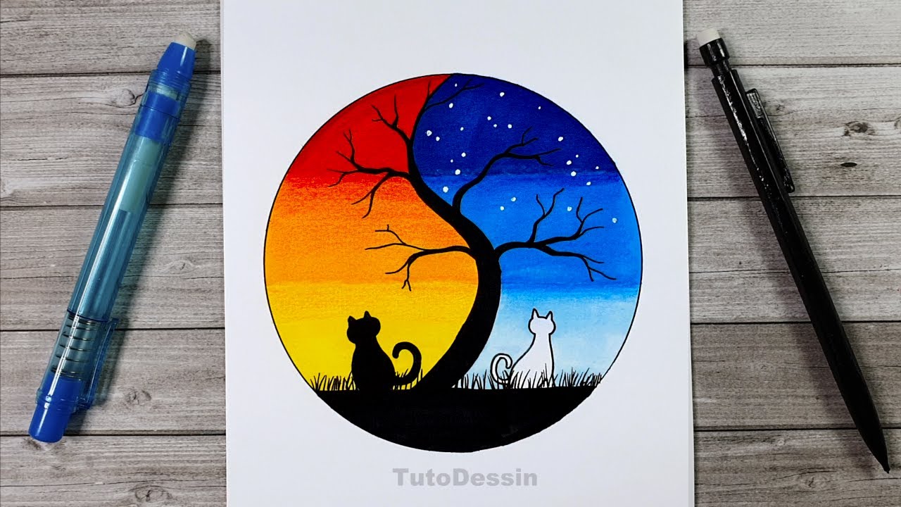 Comment dessiner la nuit et le jour avec un chat | Tutoriel de dessin yin yang | Dessin à faire à