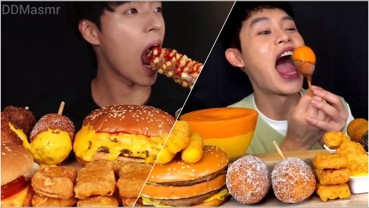 Mukbang giant burger corndog  fried potato & spicy sauce cheese big bites asmr compilation voll 39