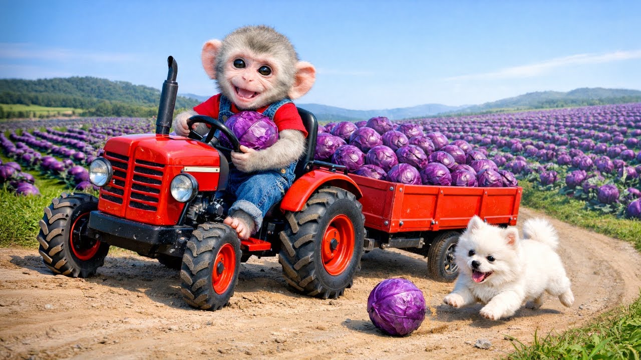 Monkey Farmer Drives a Red Tractor to Harvest Cabbages with a Cute Puppy! | Monkey Farm Wwork