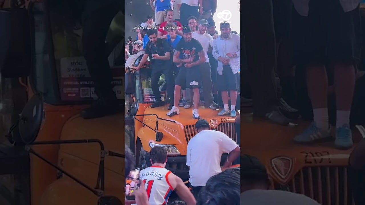 School bus set ablaze amid Knicks celebrations in Times Square #news #nyc #knicks #shorts  #crime