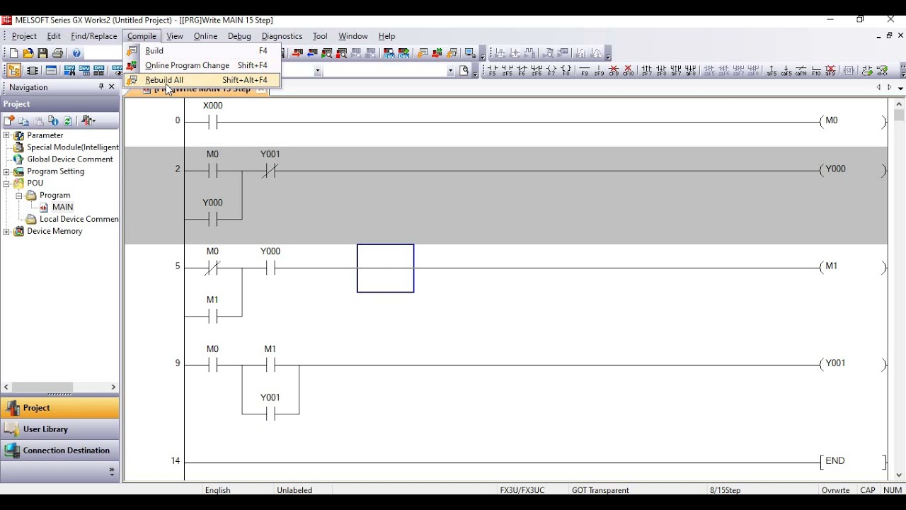 PLC ladder of ON-OFF BY USE OF SINGE PUSH BUTTON IN MITSUBISHI PLC SOFTWARE IN FX SERIES #MITSUBISHI