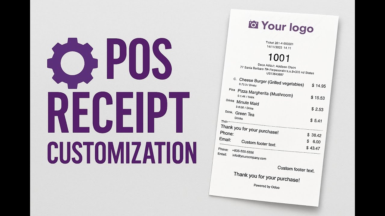 Настройка чеков Odoo 19 POS — добавление категорий, нижнего колонтитула, благодарственного сообще...