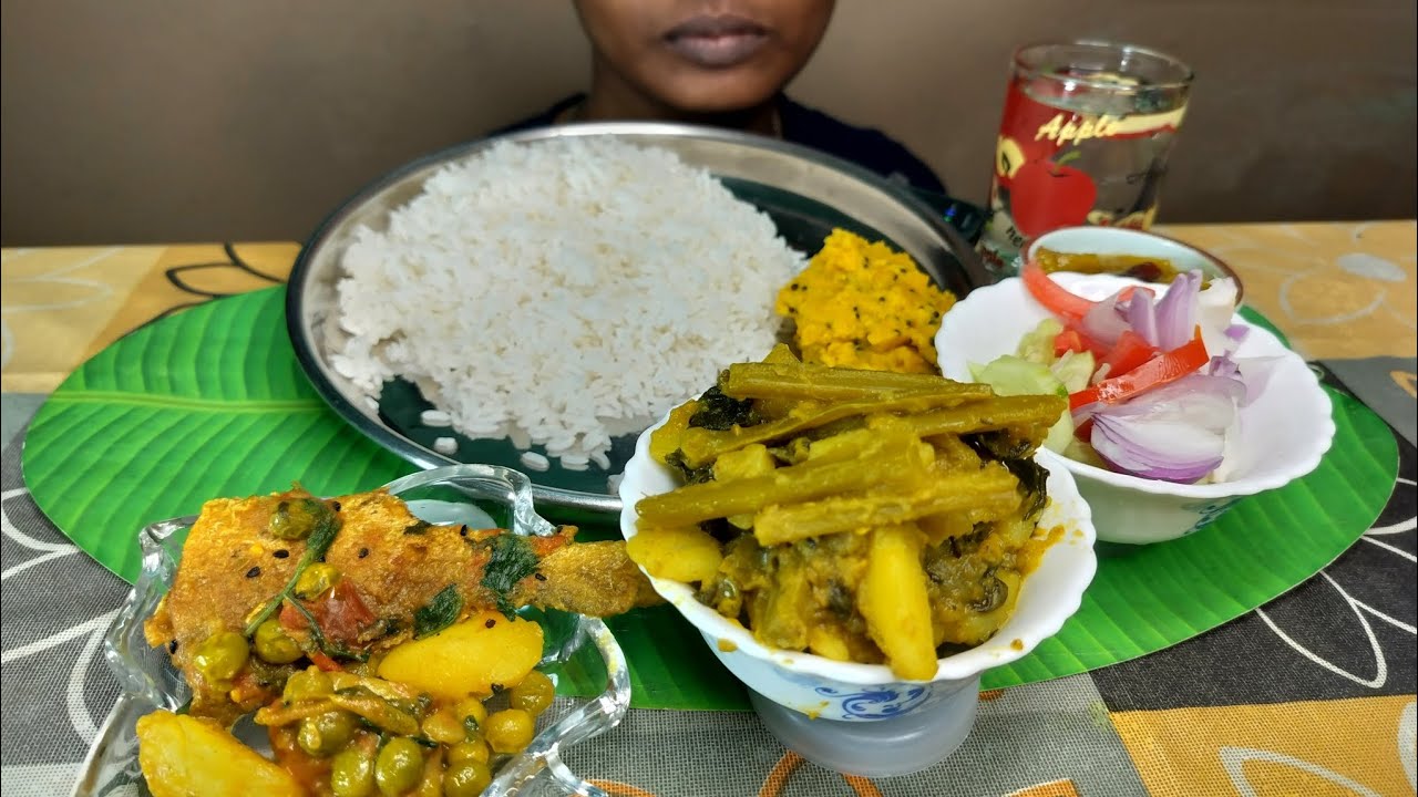 Goram bhat, pui shak tarkari, mixed salad, fish curry, dal bharta mukbang eating show 