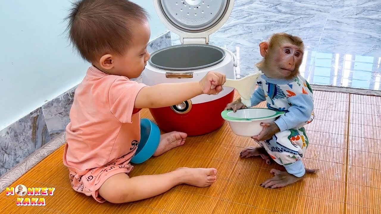 Monkey Kaka is holding the bowl while Diem scoops rice, so cute!