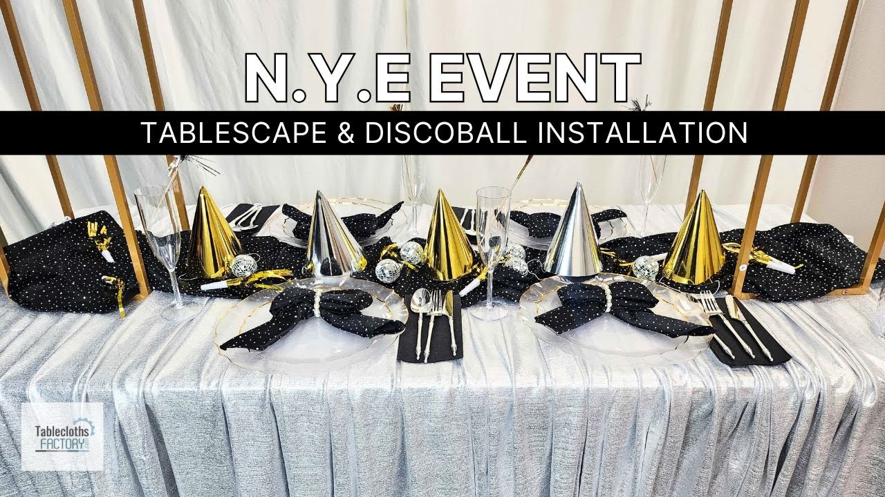 New Year&rsquo;s Eve Event Tablescape & Disco Ball Installation | NYE Event Decor | Tableclothsfactory.com