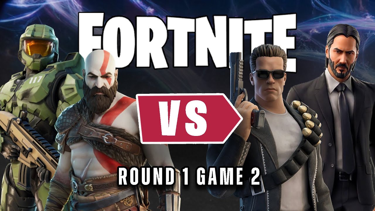 Master Chief & Kratos vs John Wick & Terminator in Fortnite | Round 1 - Game 2