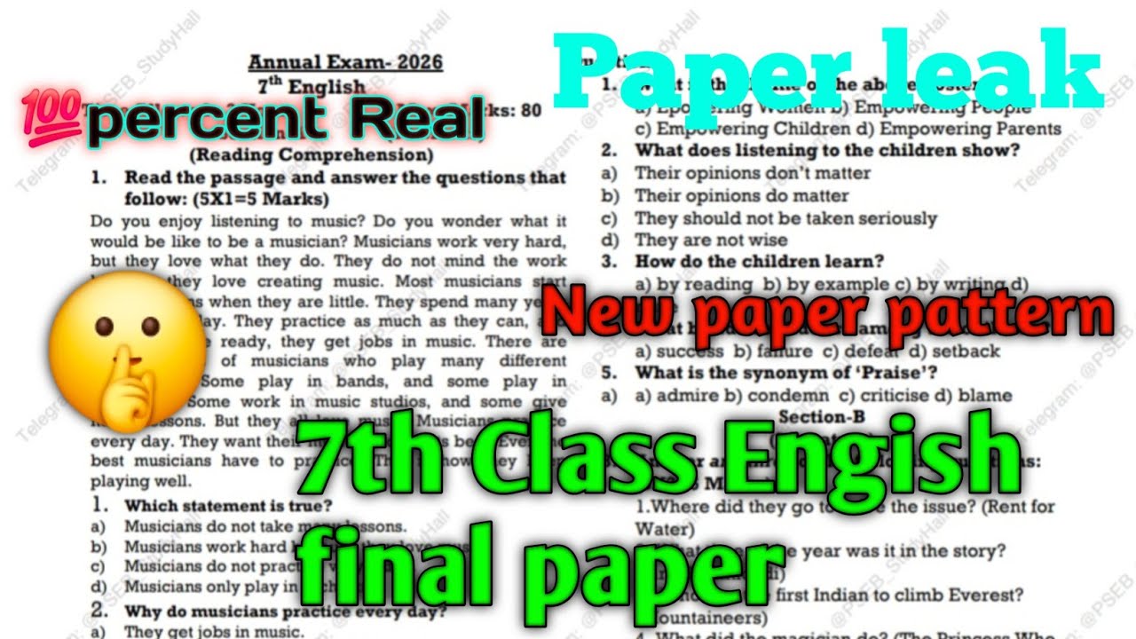 Pseb 7th English final paper 2026 | 7th Class English full real paper |
