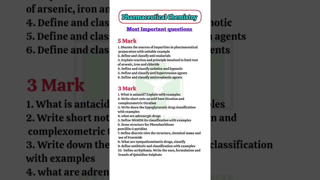 Pharmaceutical Chemistry Important questions || d Pharma 1st year #pharmacy #dpharm #viral