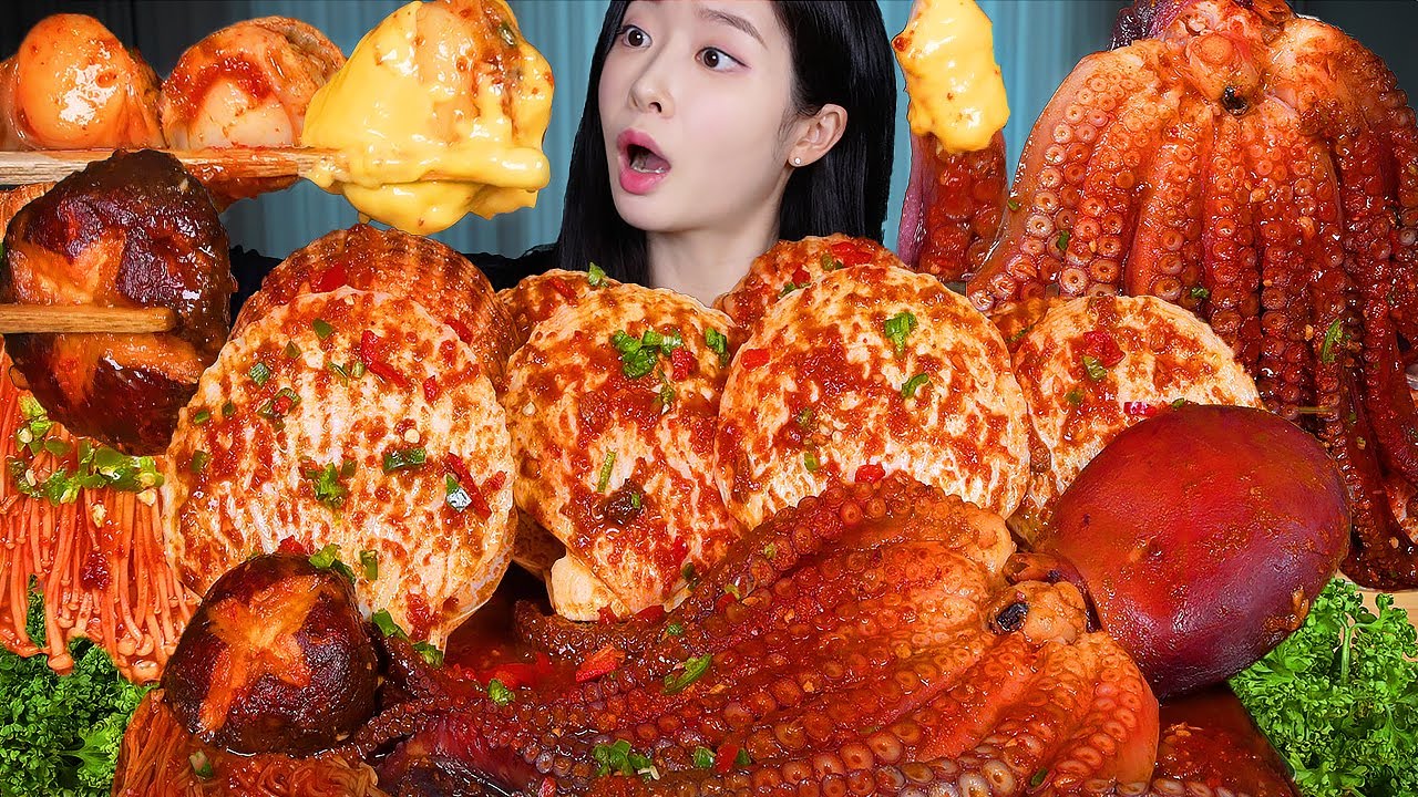 ASMR MUKBANG | Острый тушёный осьминог и гребешки ☆ Острые морепродукты 🔥 Жареный рис