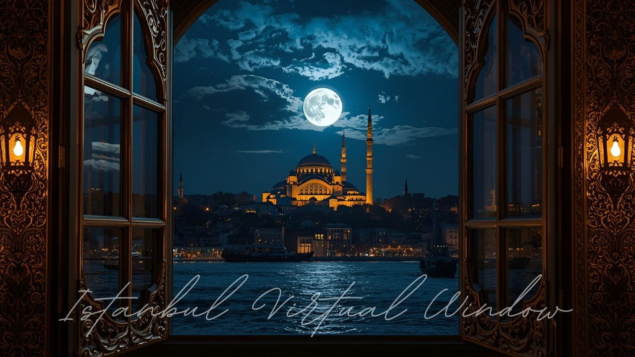 Moonlight Over Istanbul: Living Art Window – Atmospheric Bosporus Night in Vintage Gold Frame