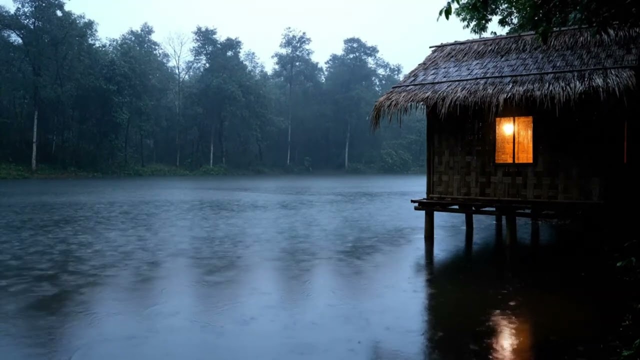 Rainy Lake Night Ambience with Cozy Bamboo House  3 Hours ASMR Rain for Sleep