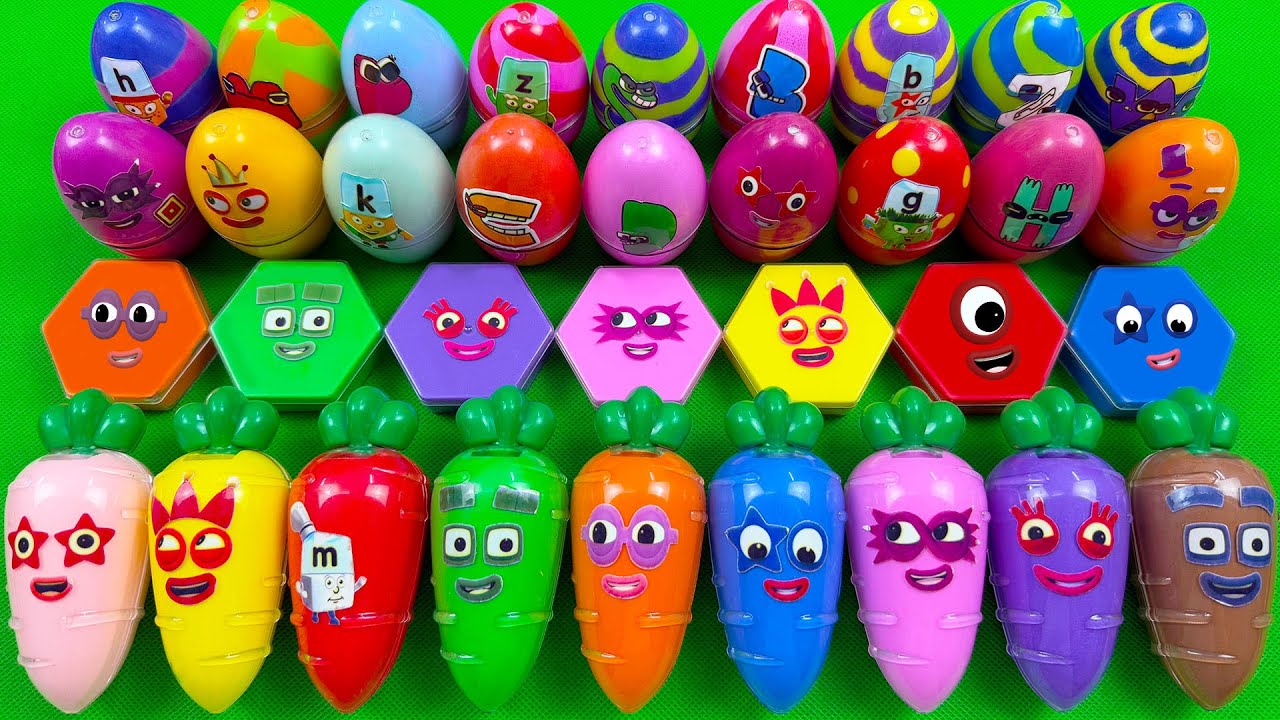 Rainbow SLIME🌈 Looking For Numberblocks, Alphablocks Inside Clay Mini Eggs, Carrot Colorful, ASMR