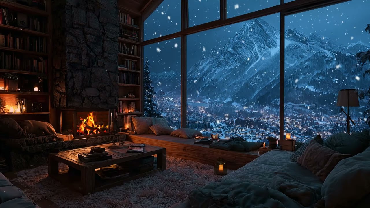 Quiet Snowy Cabin Night | Warm Fireplace Crackling and Gentle Snowfall for Deep Sleep and Rest