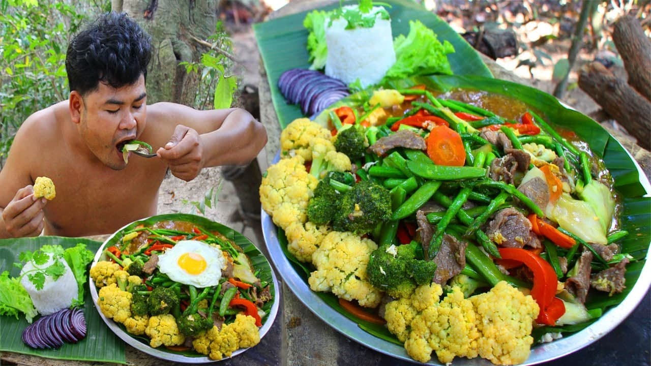 Cooking Beef Fresh Vegetable and egg eating so delicious - fried green vege healthy food