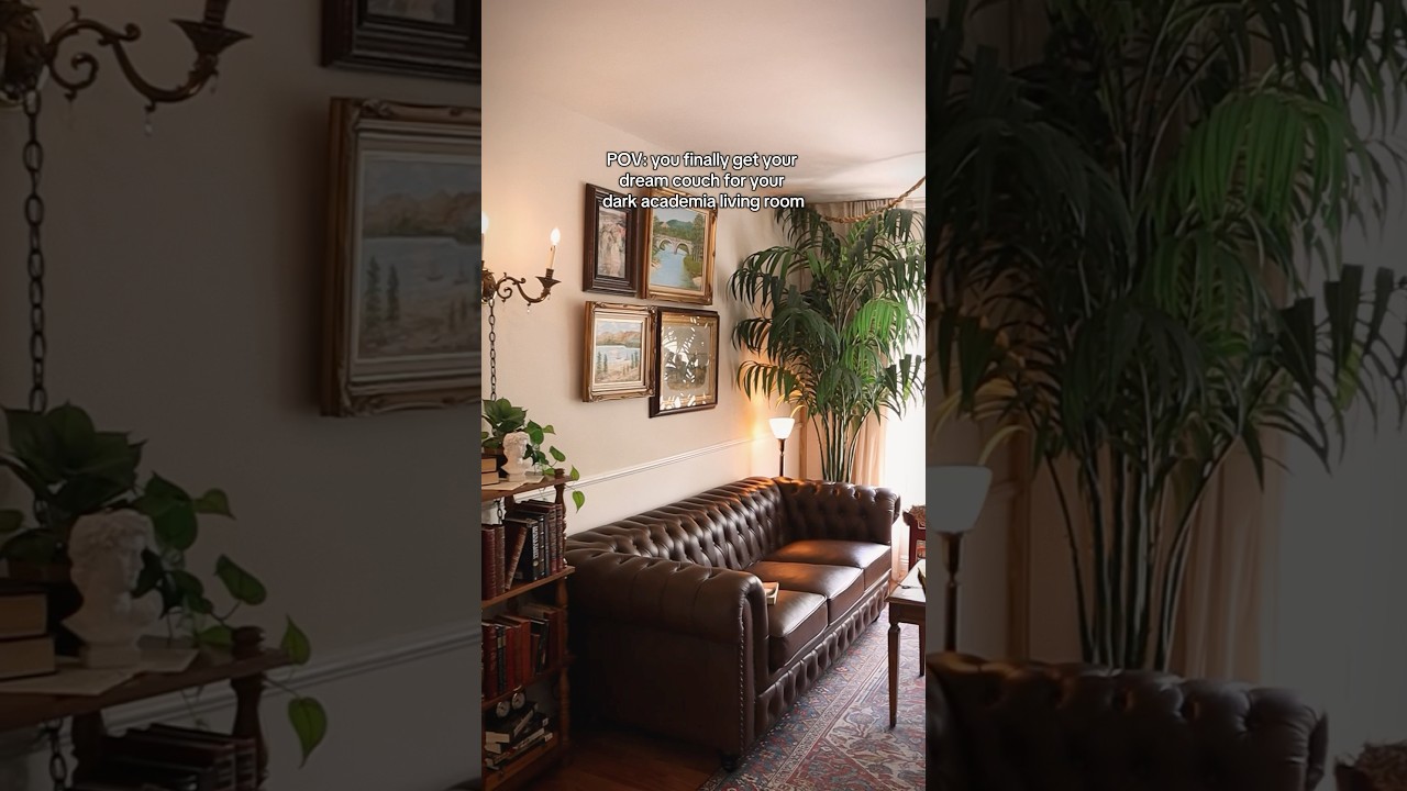 Dark academia living room brought to life with dream chesterfield couch #makeover
