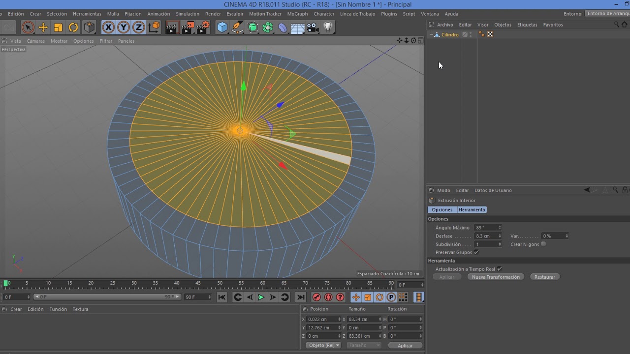 Cinema 4D, Herramientas Extruir, Biselar, y Selección cíclica.