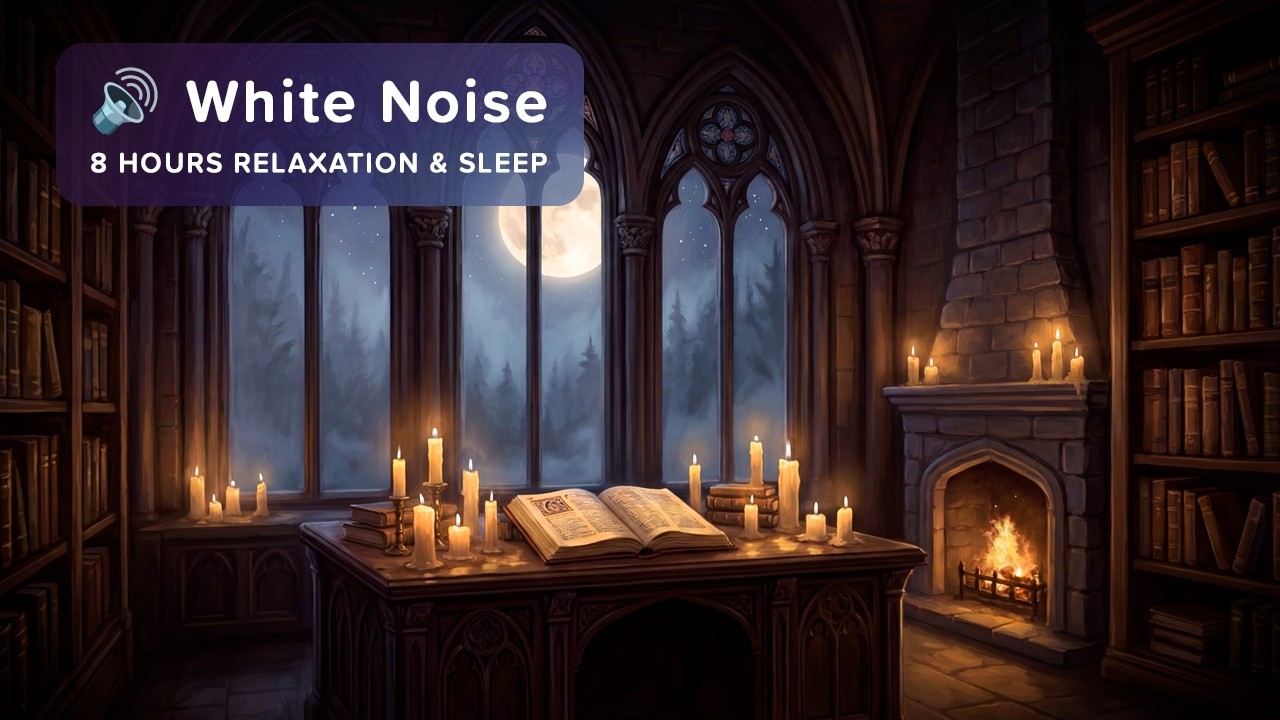 🔊 8 Hours Deep Sleep - Gothic Library Fireplace | Eerie Wind & Crackling Fire White Noise