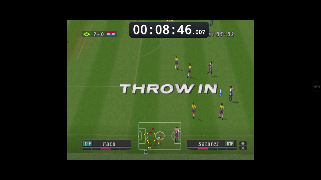 Speedrun de pro evolution soccer (ps1), categoria copa América, tempo:18M,31S, seleção (Brasil).