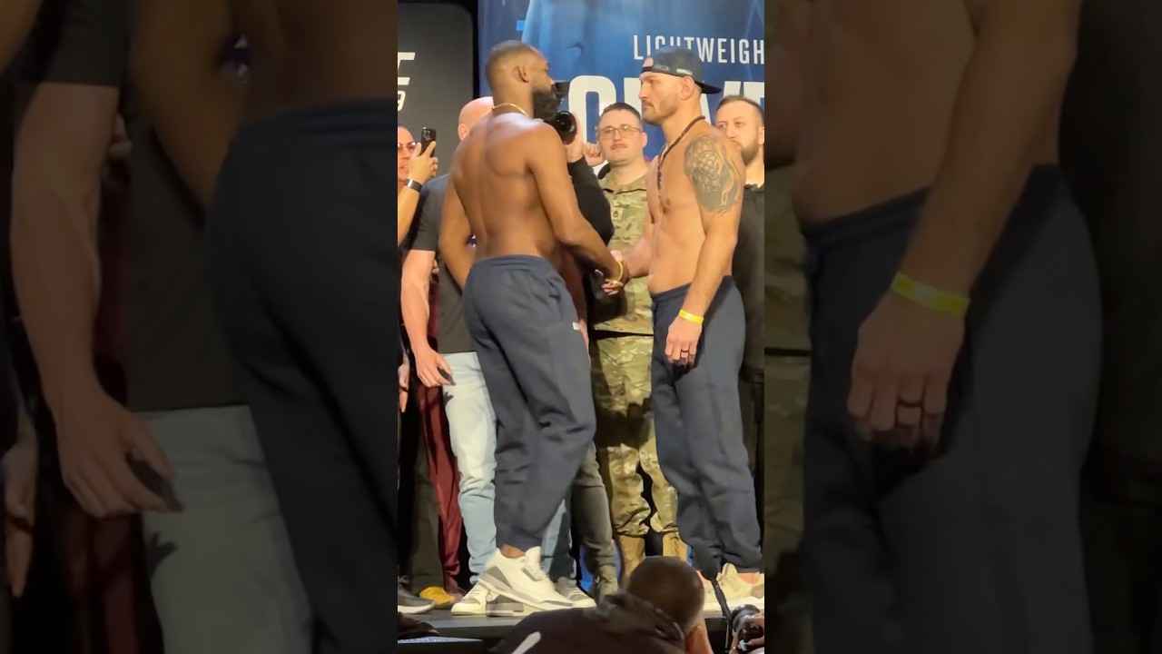 🤝🏆 JON JONES AND STIPE MIOCIC SHAKE HANDS AT FINAL FACE OFF BEFORE UFC 309