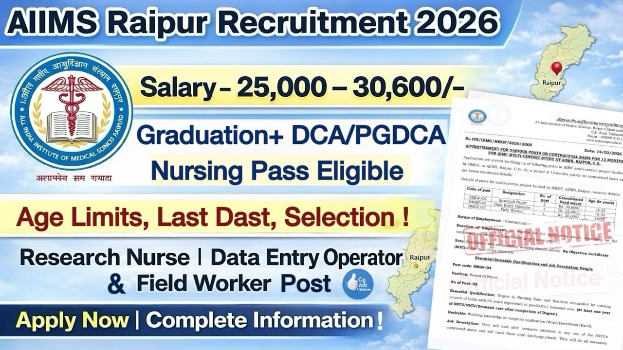 AIIMS Raipur Latest Recruitment 2026 | Nurse, Data Entry Operator & Field Worker | Graduate Pass Job
