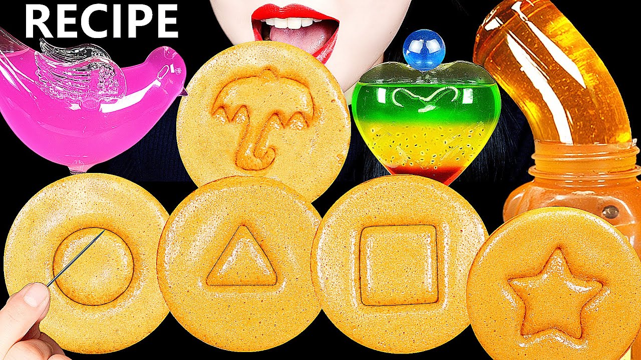 ASMR SQUID GAME CANDY CHALLENGE DALGONA RECIPE 직접 만든 오징어게임 달고나 DRINKING SOUNDS 신기한 물 먹방 HONEY JELLY