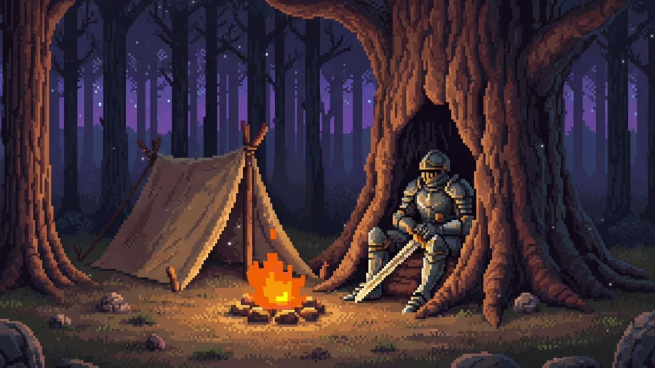 Knight Resting at the Forest Campfire | Medieval Pixel Twilight Ambience