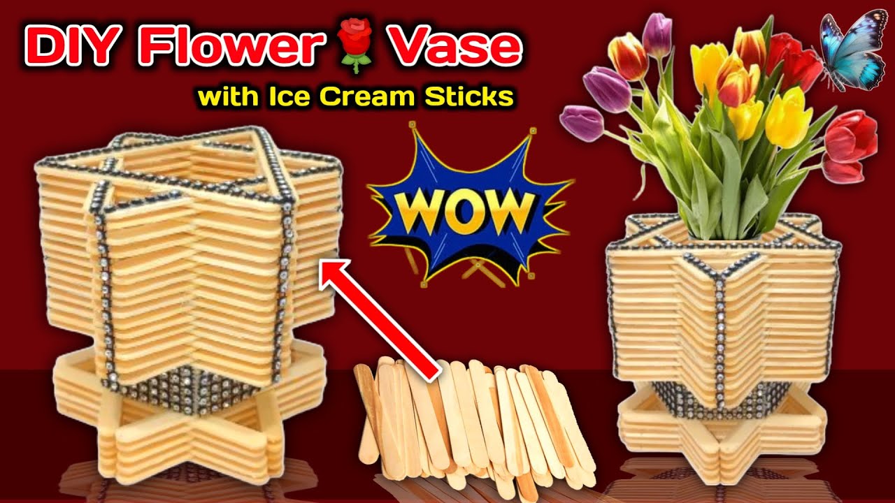Flower Vase With Ice Cream Sticks| Making Paper Flowers | DIY Easy Flower Vase With Popsicle Sticks