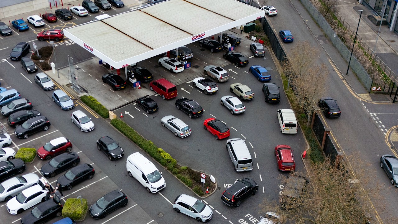 More than 50 vehicles pictured queuing at petrol station amid fuel shortage fears | SWNS