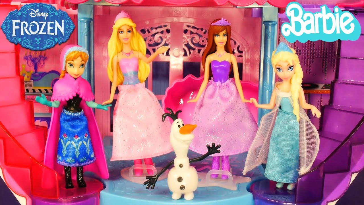Barbie Musical Light Up Castle Disney Frozen Elsa and Princess Anna Barbie Girl Doll Popstar Playset