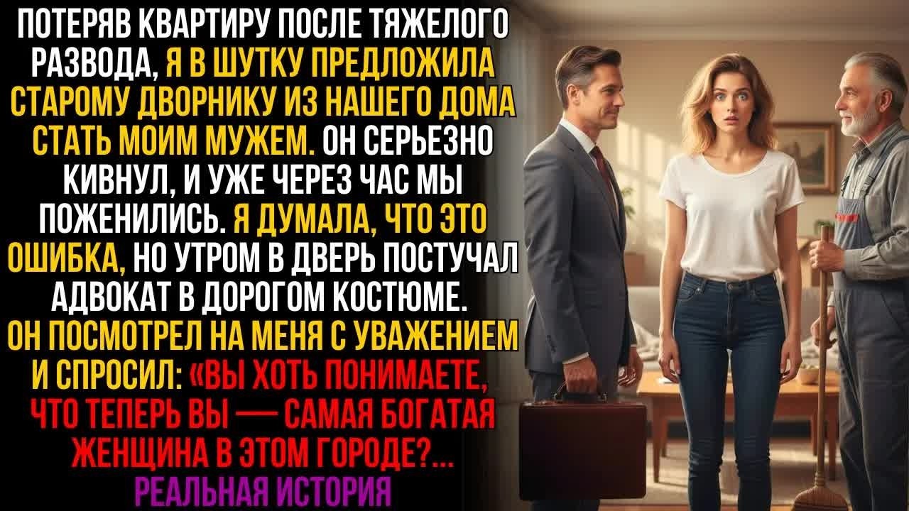 В шутку позвала дворника замуж. Утром мы женаты. Адвокат заявил ＂Вы — самая богатая женщина города!＂
