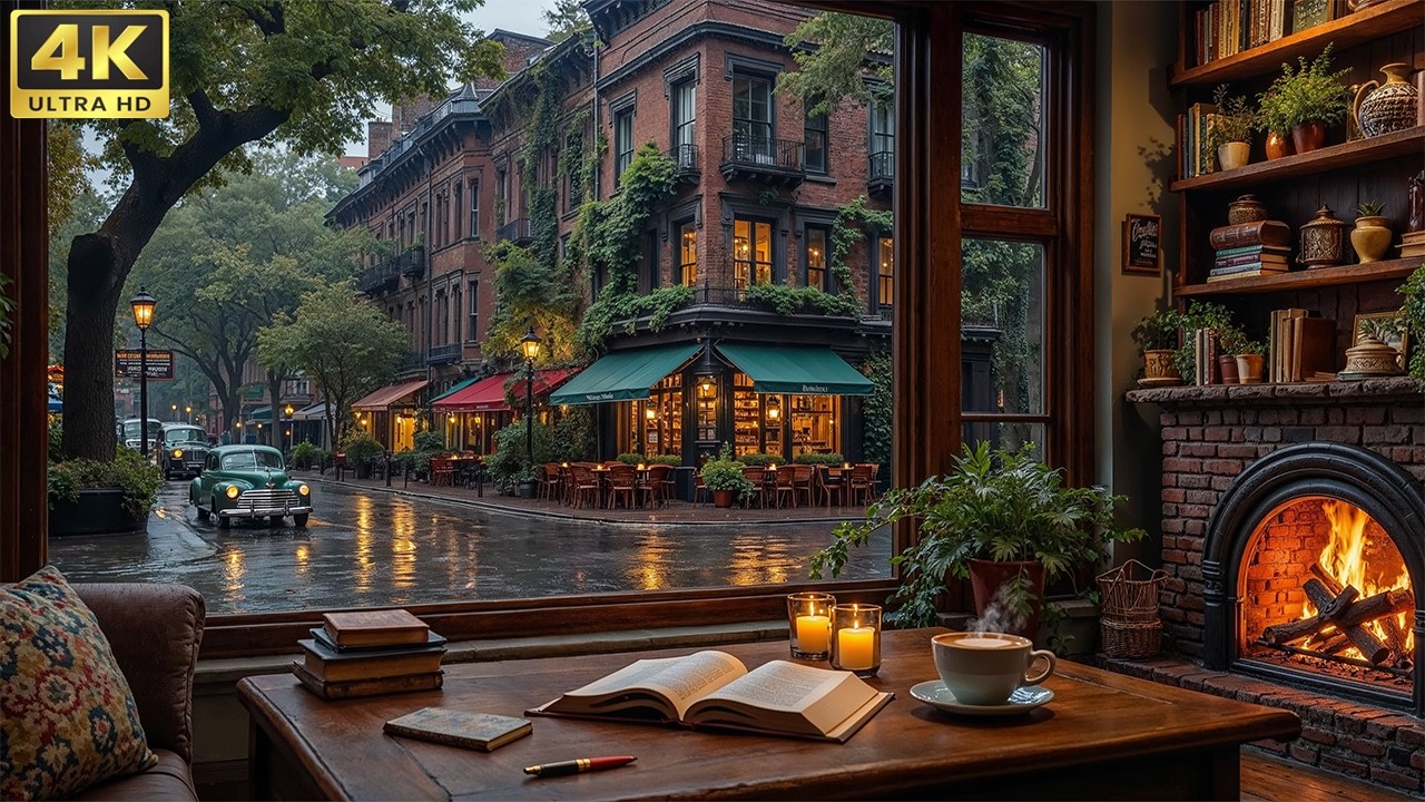 Quiet Rainy Café Nights ☕ Fireplace Sounds, Soft Jazz Piano Music & Warm Coffee Atmosphere for Relax
