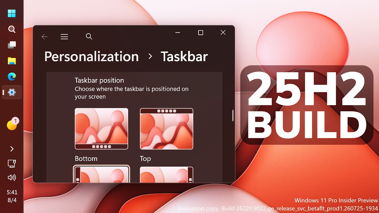 New Windows 11 25H2 Build 26220.9022 &ndash; New Taskbar is HERE, New Settings and Fixes (Beta)