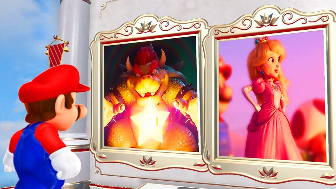What happens when Mario enters the Movie Peach & Bowser Paintings in Super Mario Odyssey?