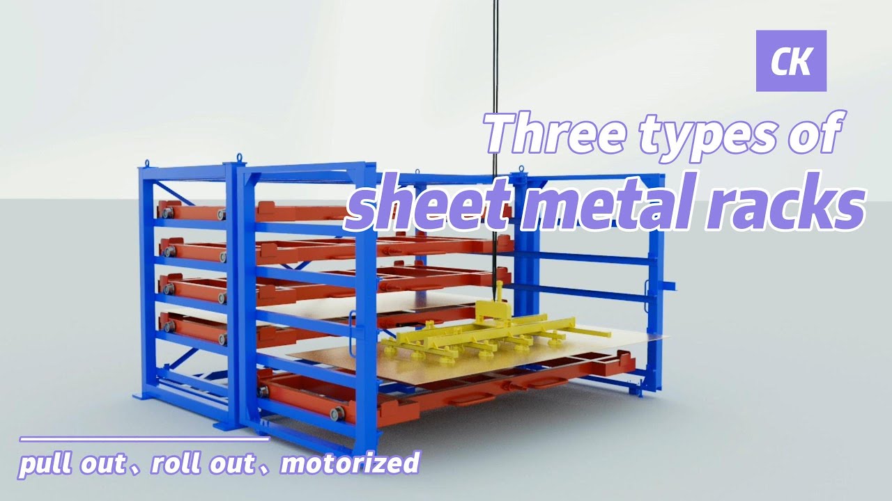 Three different types of sheet metal racks - hand cranked, hand pulled and motorized