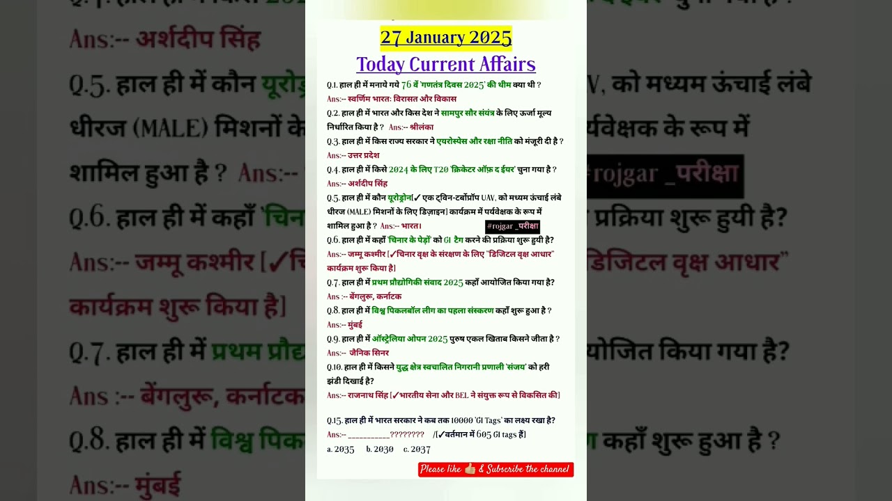 27 जनवरी करेंट अफेयर्स (2025)🔥|today current affairs #ssccgl #currentaffairs #sscchsl #gk #upsc