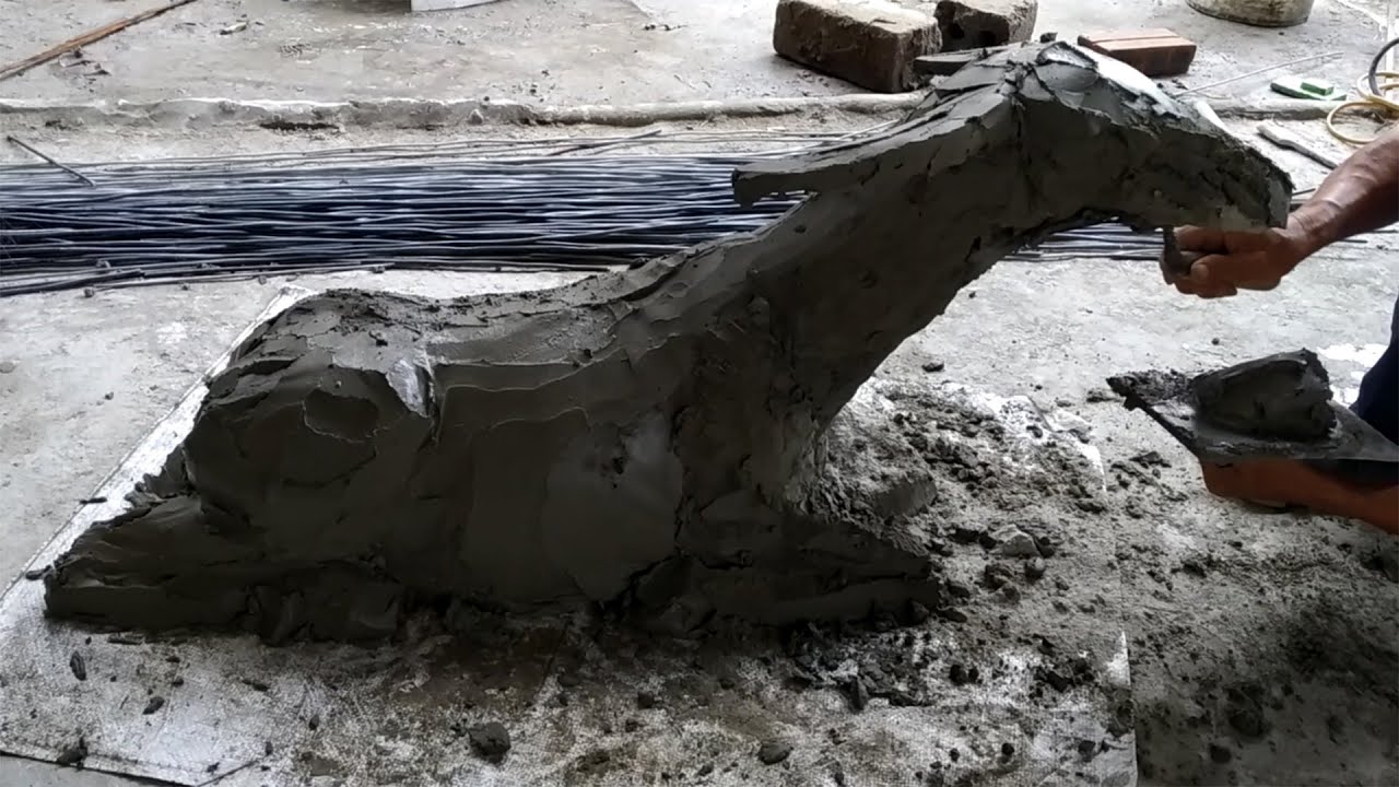 Design a creative buffalo statue with your own hands from construction cement materials