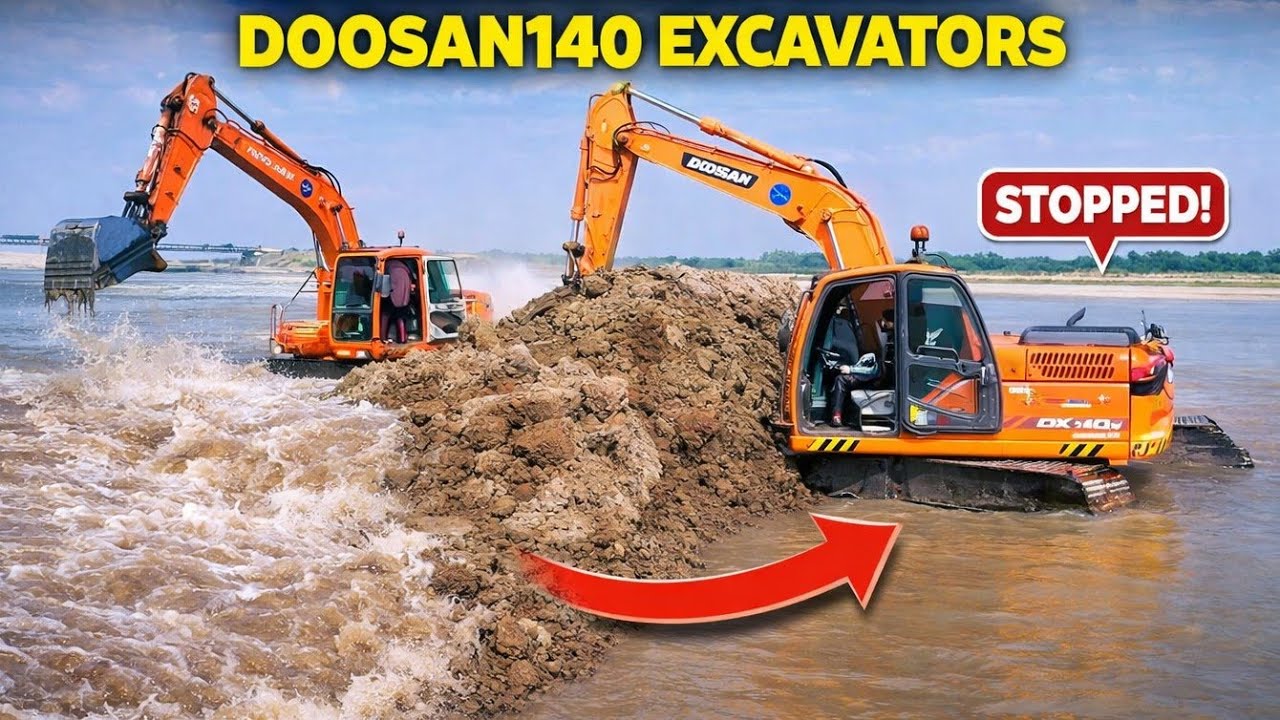 Doosan140 excavators blocking river water from one side 