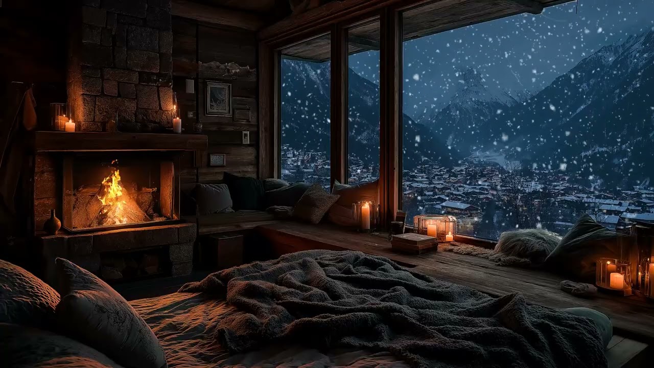 (No Ads) Winter Wind Across a Silent Night with Fireplace Sounds | Cozy Ambience