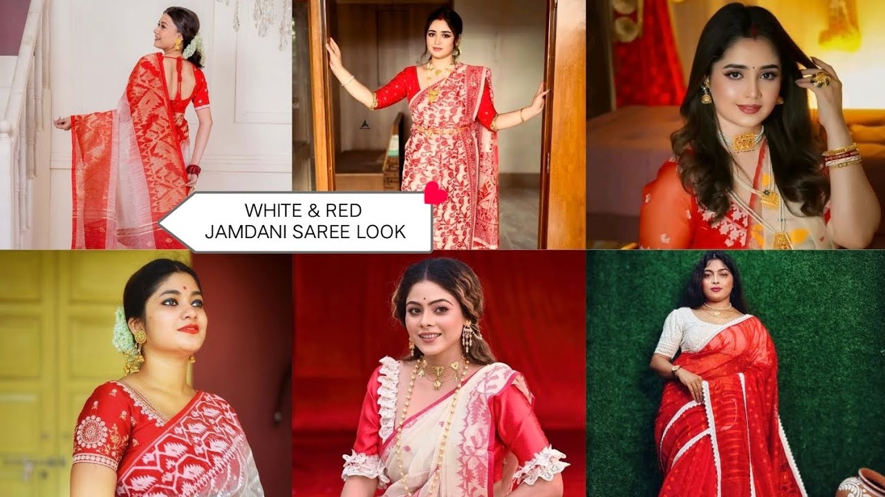 White &  Red Jamdani Saree Look /  White & Red Saree Look With Contrast Blouse / @SScreation20 